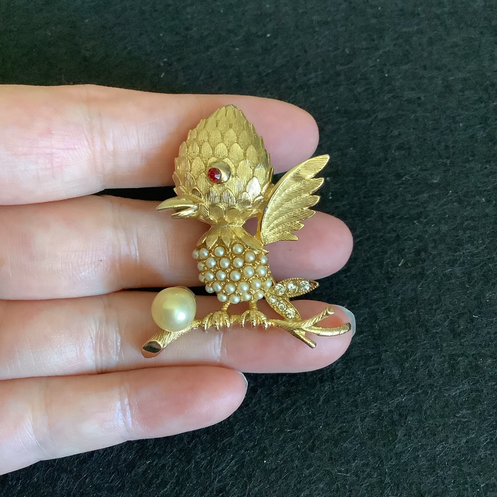 Vintage Tortolani Gold Tone Bird Brooch With Faux Pearl & Red Rhinestone Brooch